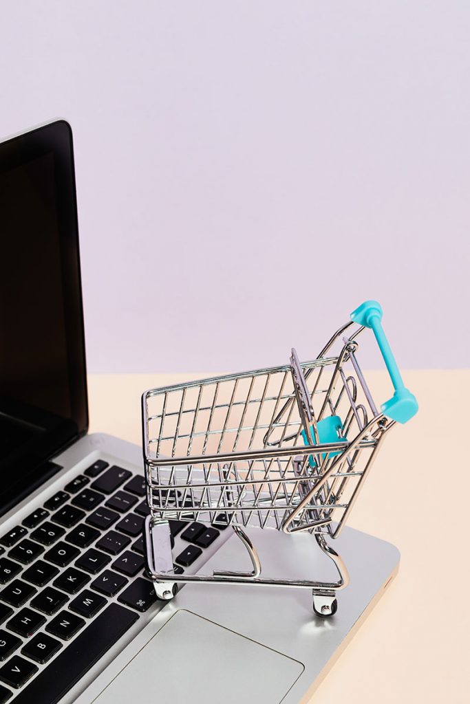 shopping cart on laptop for shopify theme selection blog