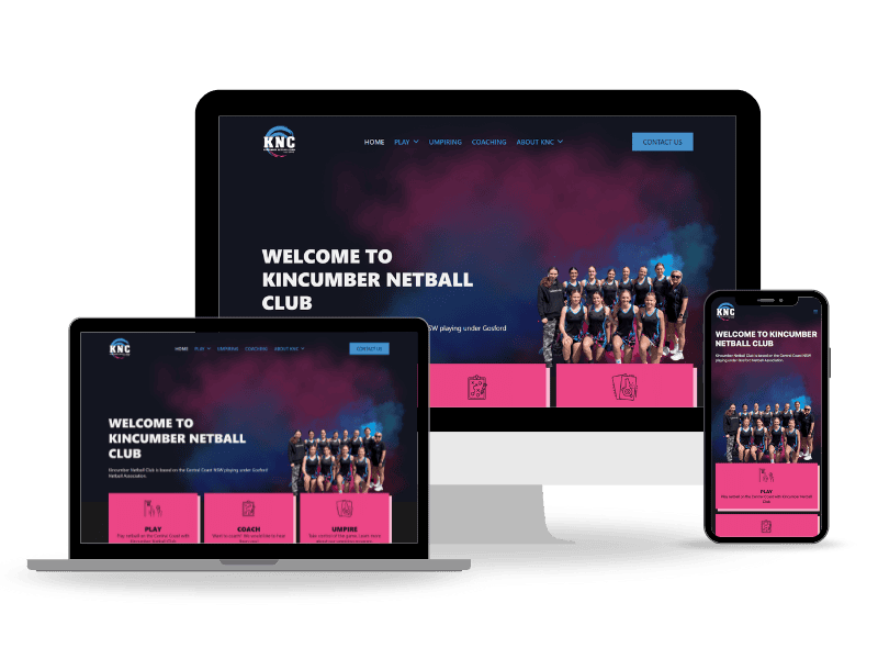 Kincumber Netball club website design shown in different device sizes