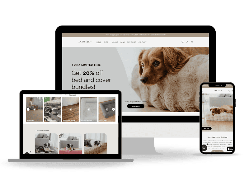 The Coverly website design shown in different device sizes