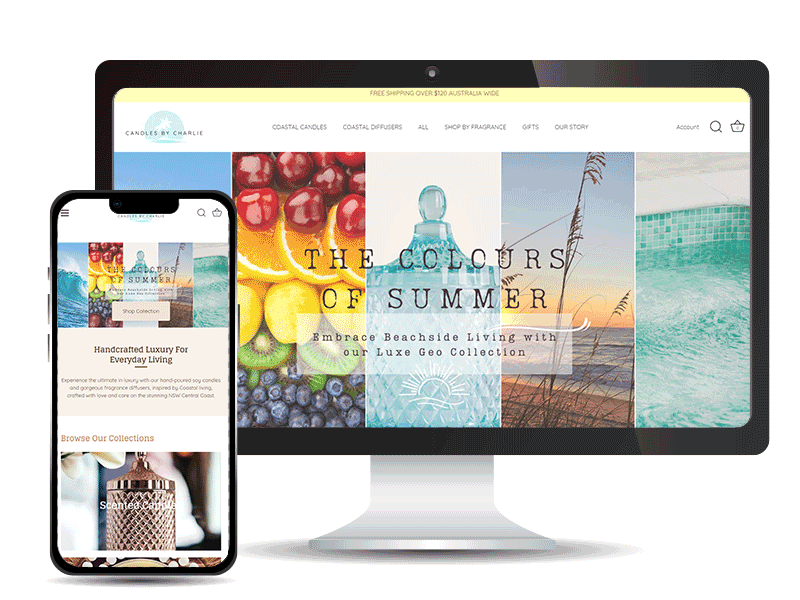 Candles by Charlie website - Desktop and Mobile version showing vibrant website design for ecommerce shopify store