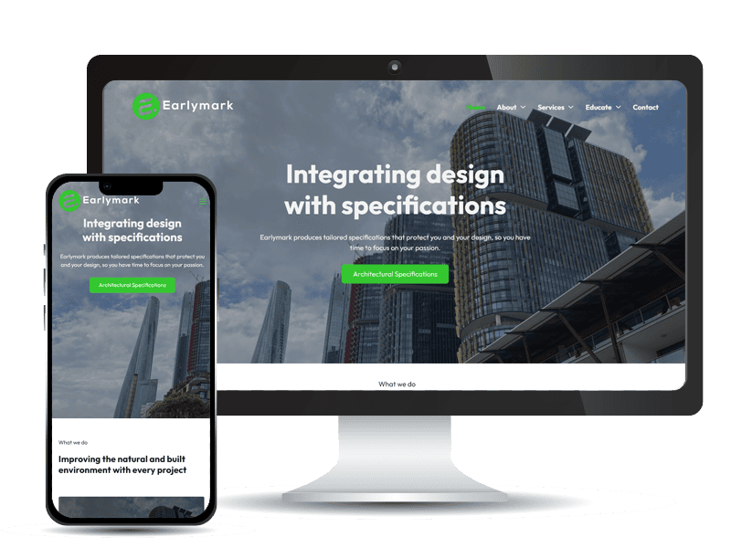 Earlymark Architectural Specifications website mockup in desktop and mobile views - design by Zel Designs Central Coast WordPress websites